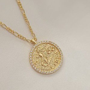 Gold Filled Libra Medallion Pendant Necklace Figaro Chain Zodiac Minimalist